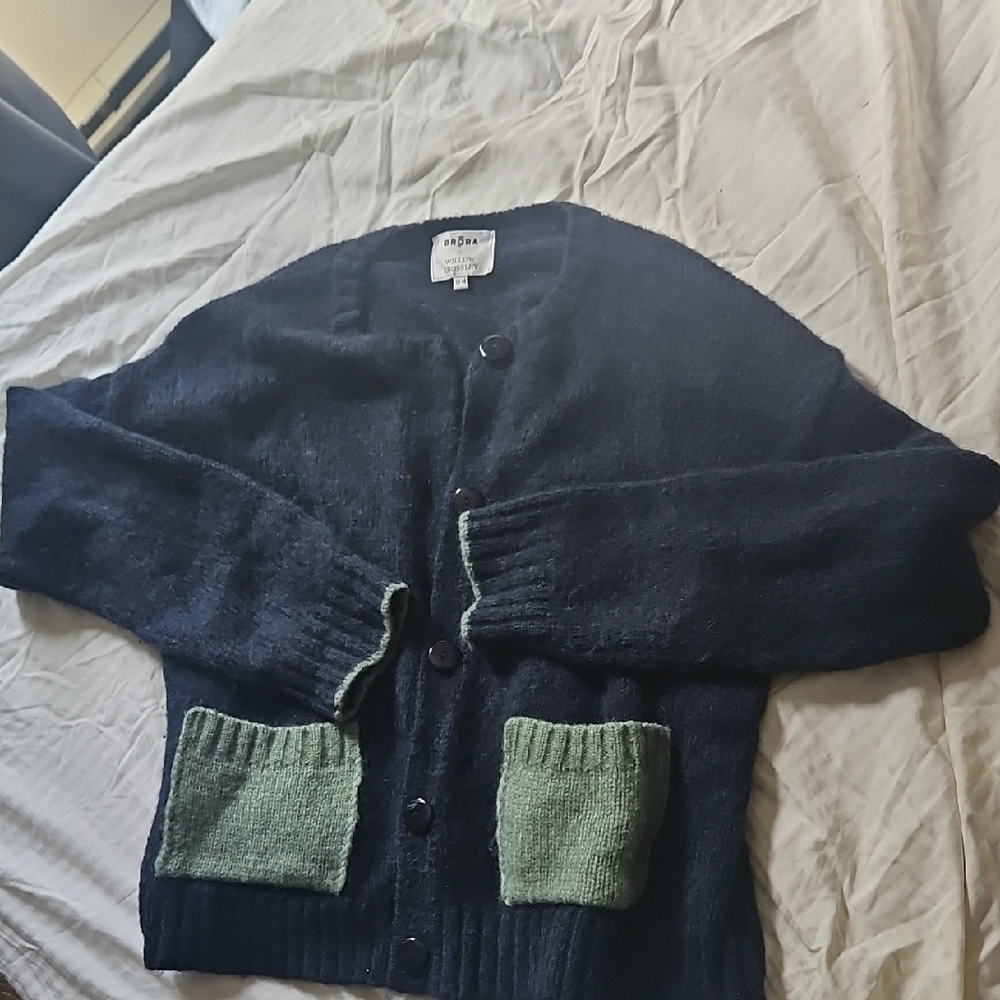 Brora × Willow Crossley Navy Cardigan with Green Pockets